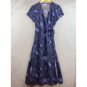 Marine Layer Blue Floral Wrap Midi Dress Womens Medium V-Neck Short Sleeve Tie